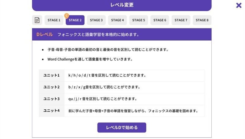 トド英語アプリのレベル変更画面。Dレベルのユニット1から4の学習内容一覧