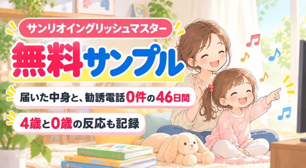 サンリオ英語の無料サンプルで届いた中身と、勧誘電話0件の46日間を示すアイキャッチ
